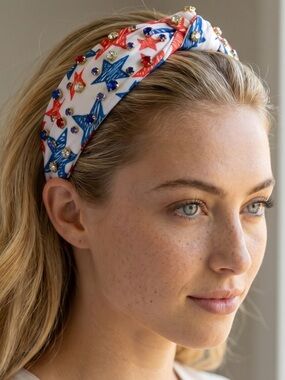 Embellished USA Star Print Knotted Headband — Red, Blue, White